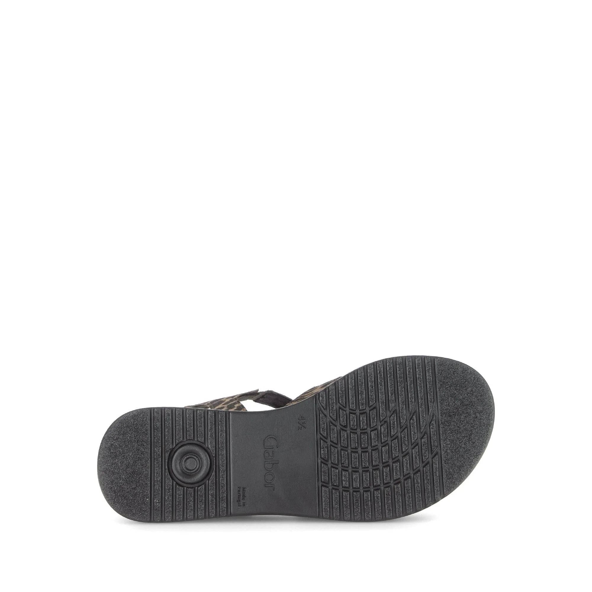 Gabor ladies leopard print leather sandals with touch fastening, cushioned sole, and slip-resistant rubber outsole.
