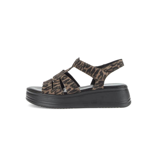 Gabor Abel Ladies Leopard Print Leather Touch Fastening Sandals with chunky black platform sole.