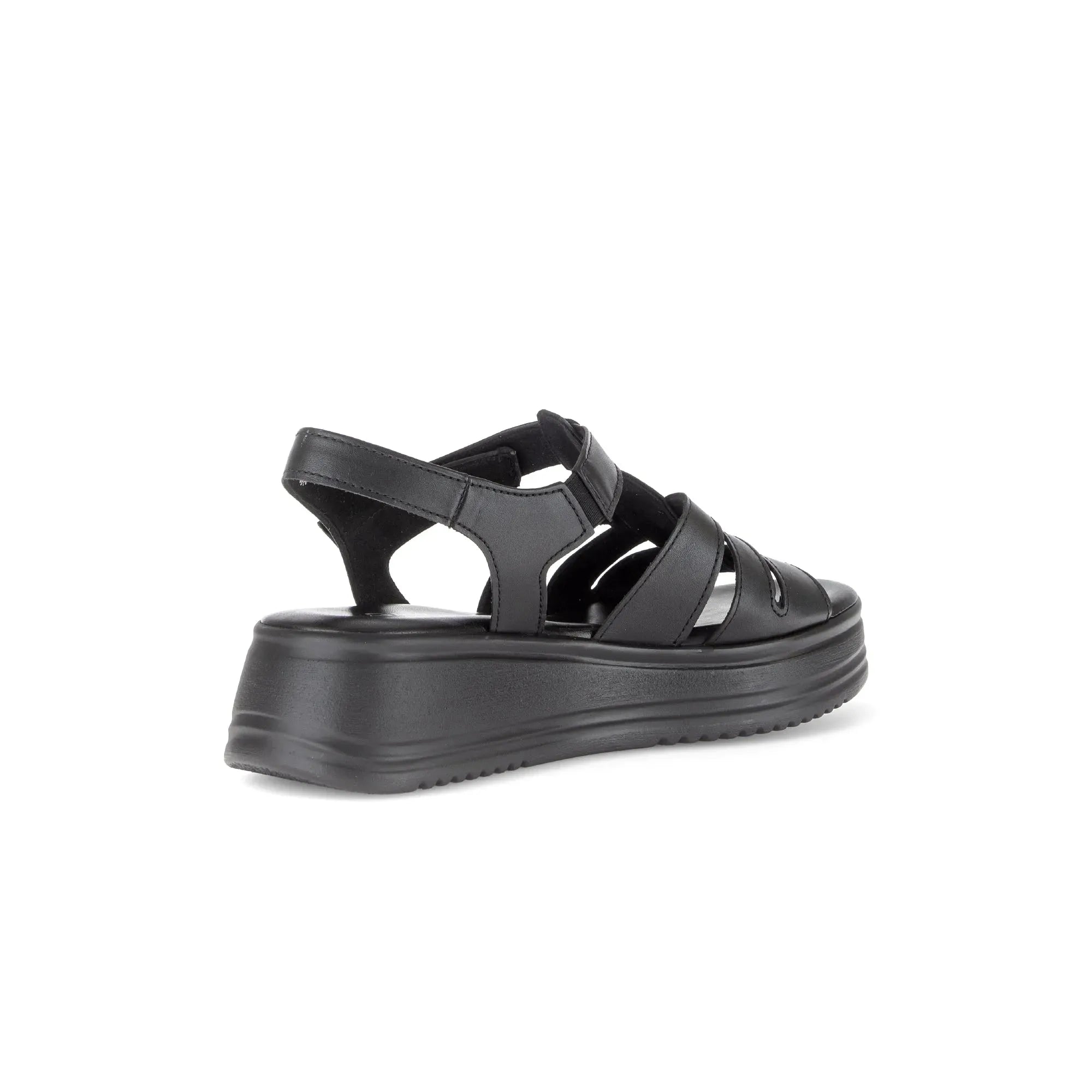 Gabor Abel women's black leather touch fastening sandals with chunky platform sole.