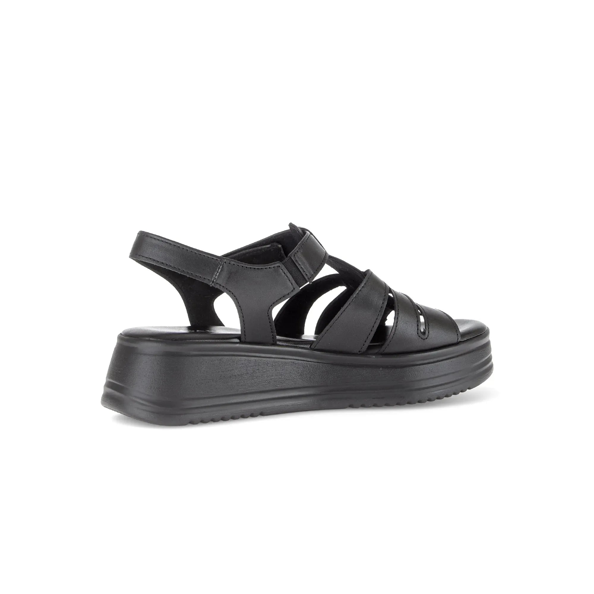 Gabor Abel women's black leather touch fastening platform sandals with chunky sole and open toe.