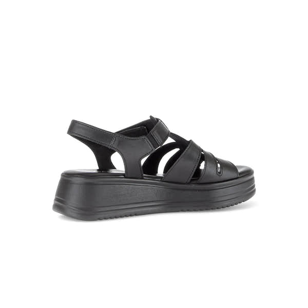 Gabor Abel women's black leather touch fastening platform sandals with chunky sole and open toe.