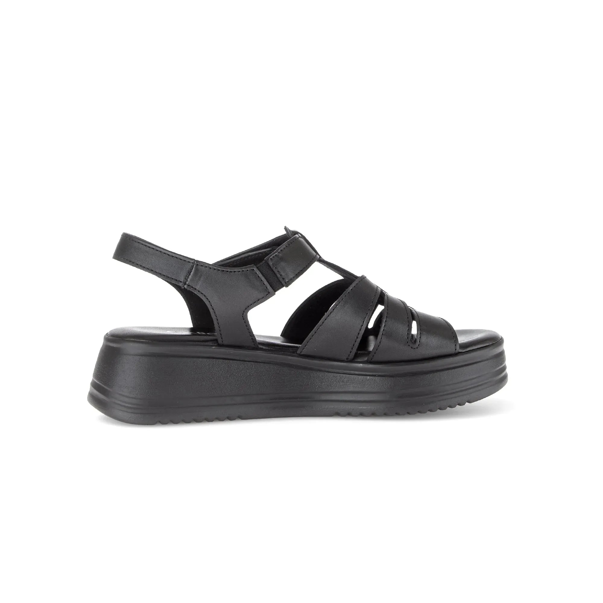 Gabor Abel Women's Black Leather Touch Fastening Sandals with chunky sole, open toe, and adjustable straps.