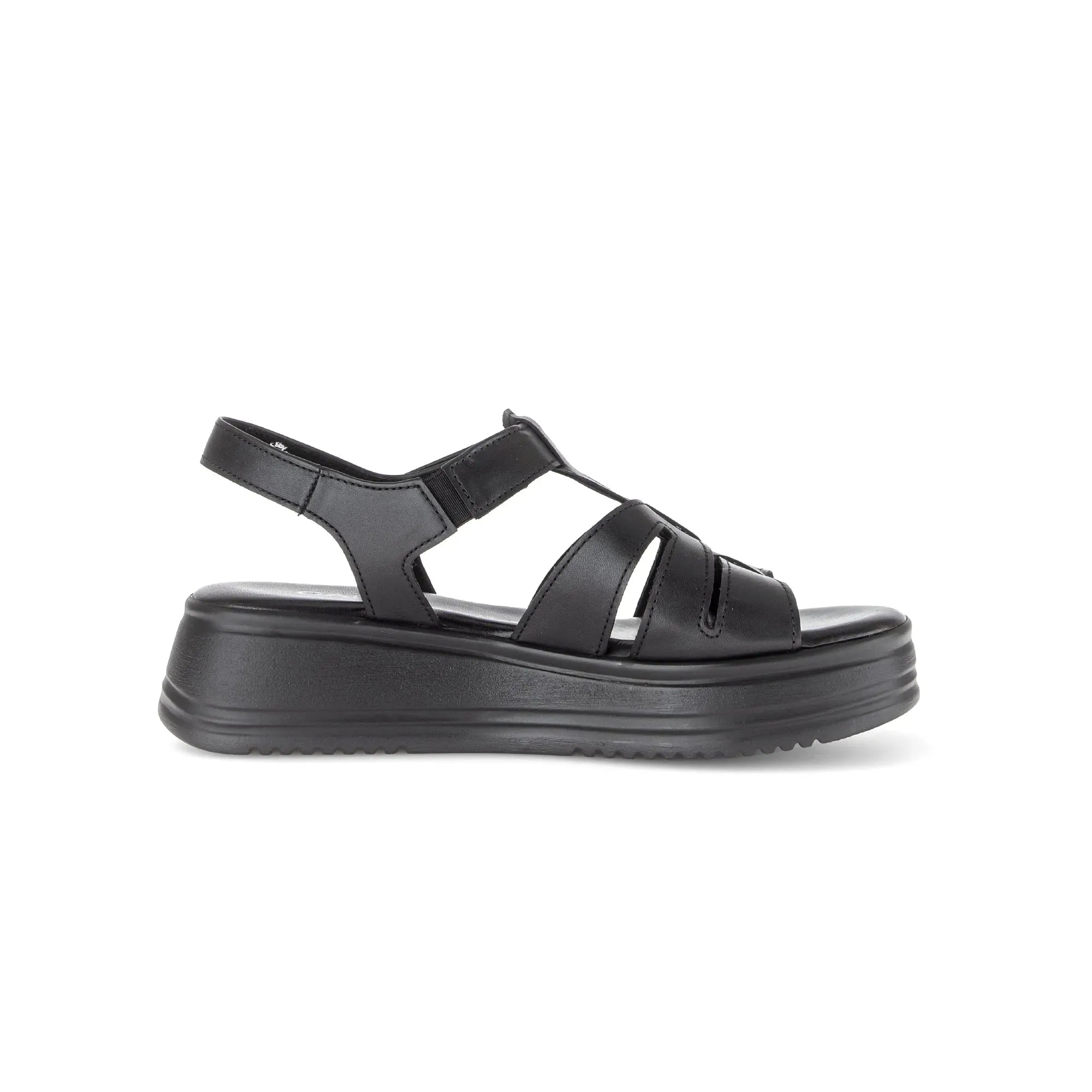 Gabor Abel women's black leather touch-fastening sandals with chunky sole and adjustable strap.