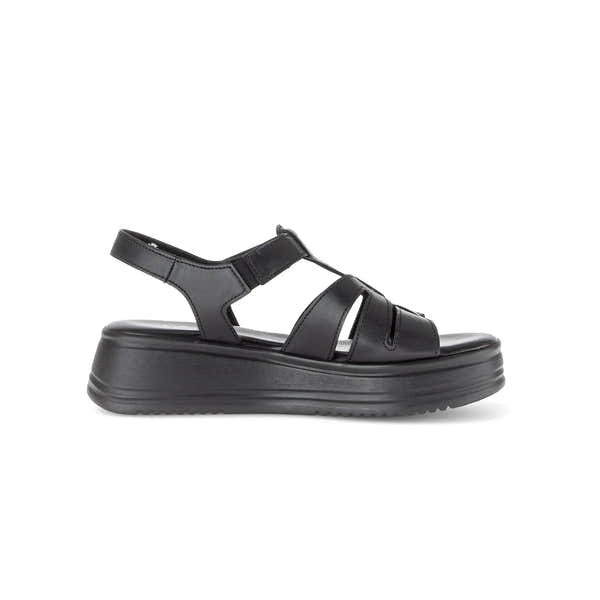 Gabor Abel women's black leather touch-fastening sandals with chunky sole and adjustable strap.