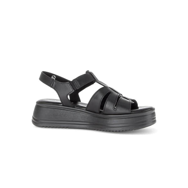 Gabor Abel Ladies Black Leather Touch Fastening Sandals with chunky platform sole.