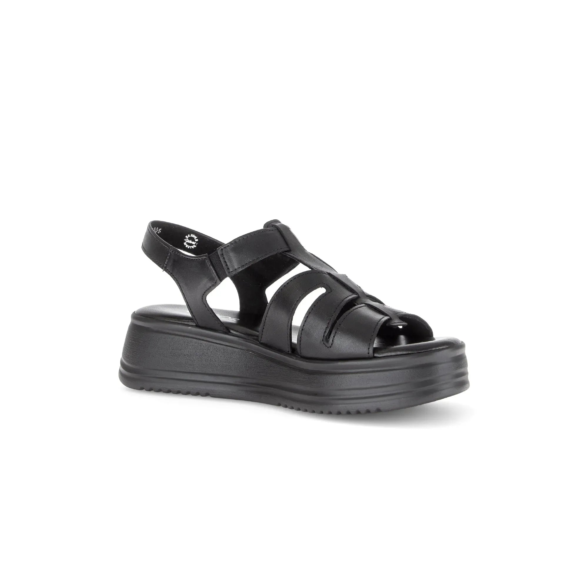 Gabor Abel women's black leather touch fastening platform sandals with chunky sole.
