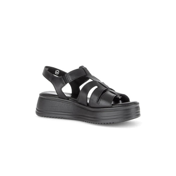 Gabor Abel women's black leather touch fastening platform sandals with chunky sole.