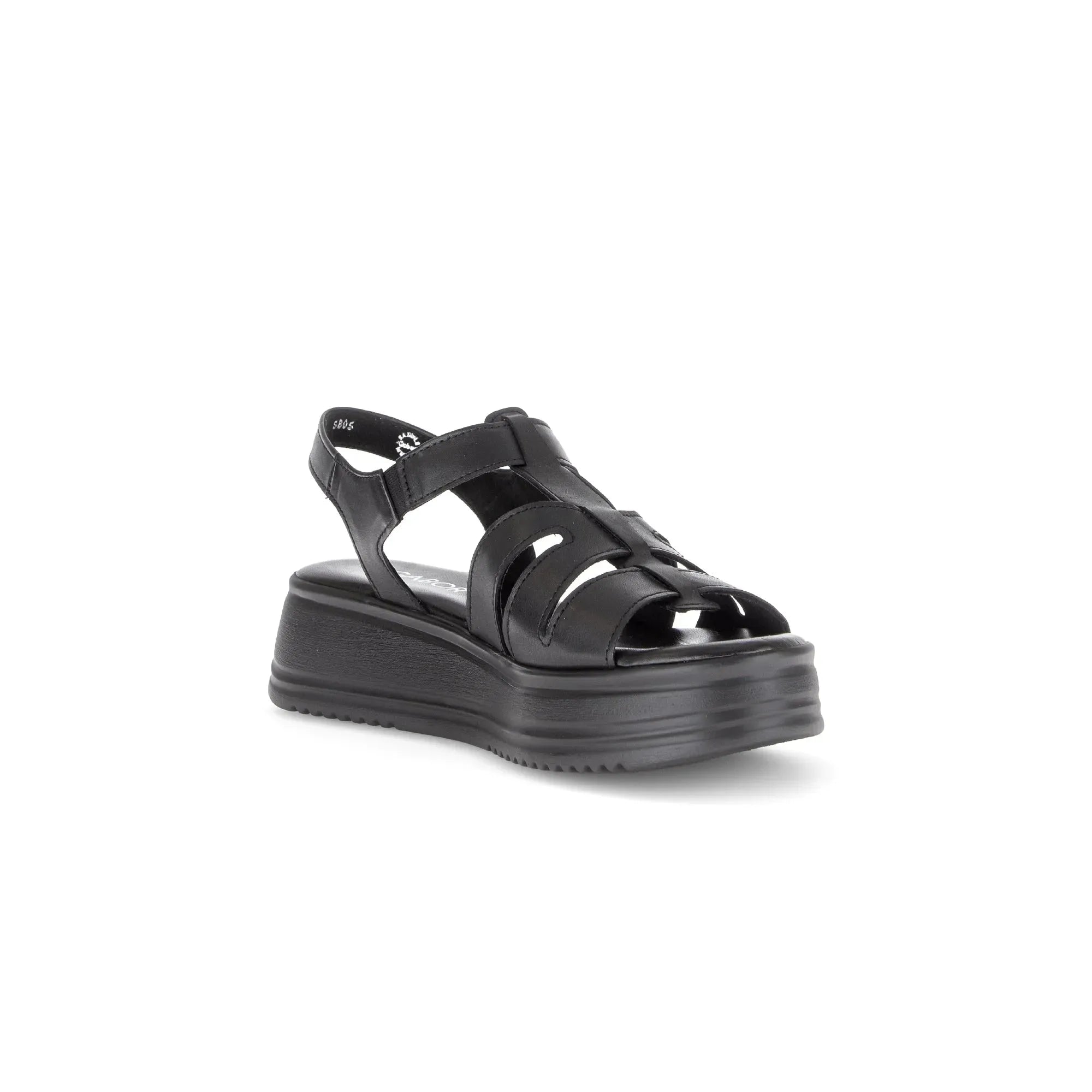 Gabor Abel women's black leather touch-fastening platform sandals with chunky sole and open toe design.
