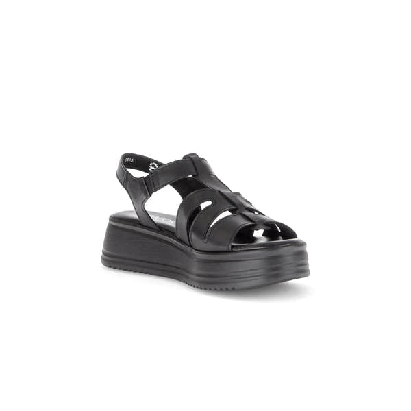 Gabor Abel women's black leather touch-fastening platform sandals with chunky sole and open toe design.
