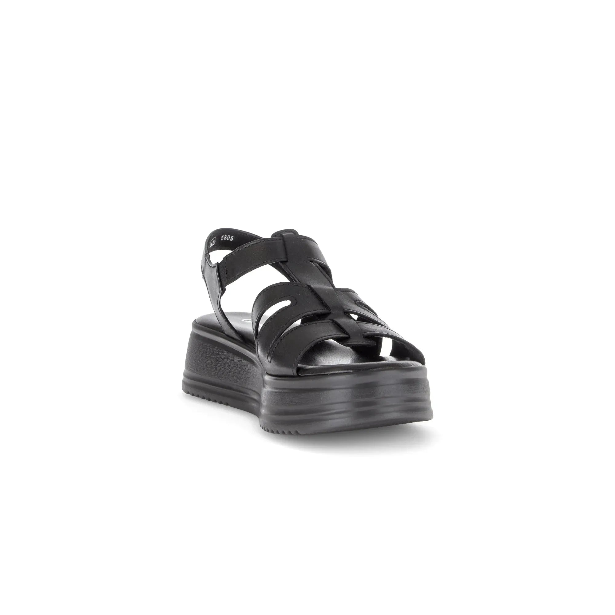 Gabor Abel women's black leather touch-fastening platform sandals with chunky sole.