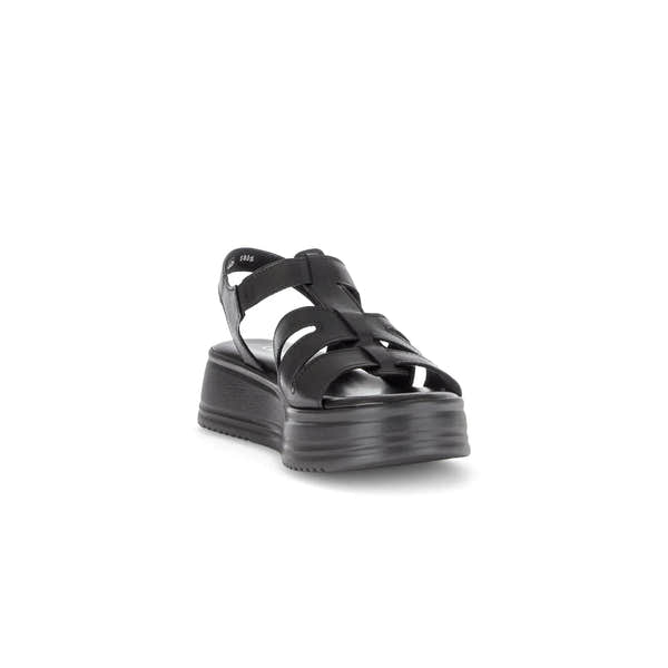 Gabor Abel women's black leather touch-fastening platform sandals with chunky sole.
