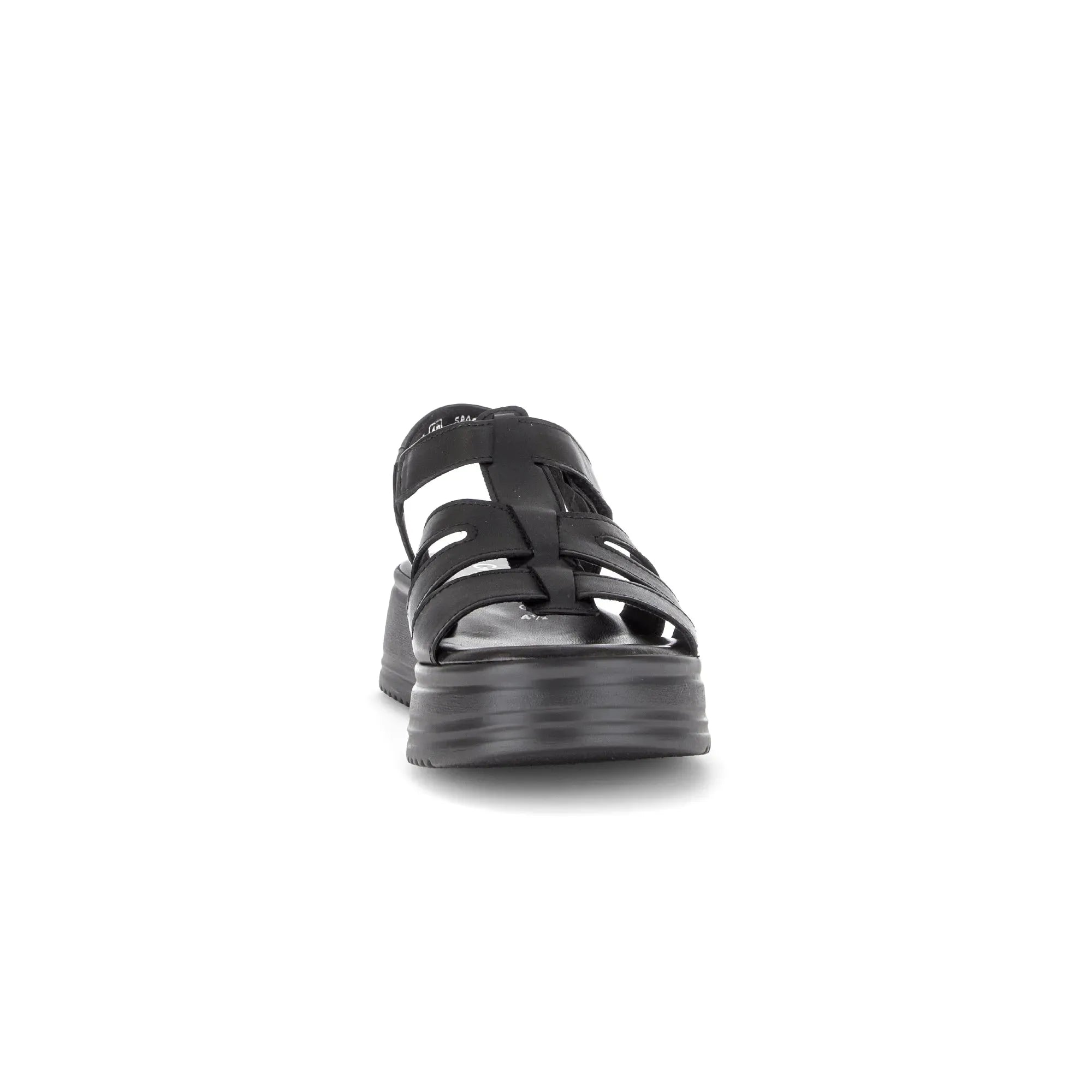 Gabor Abel women's black leather touch fastening platform sandals with thick sole and multiple straps.
