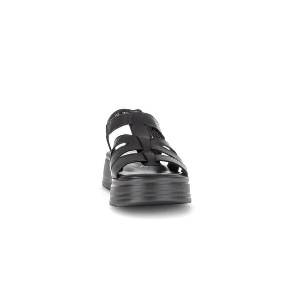 Gabor Abel women's black leather touch fastening platform sandals with thick sole and multiple straps.