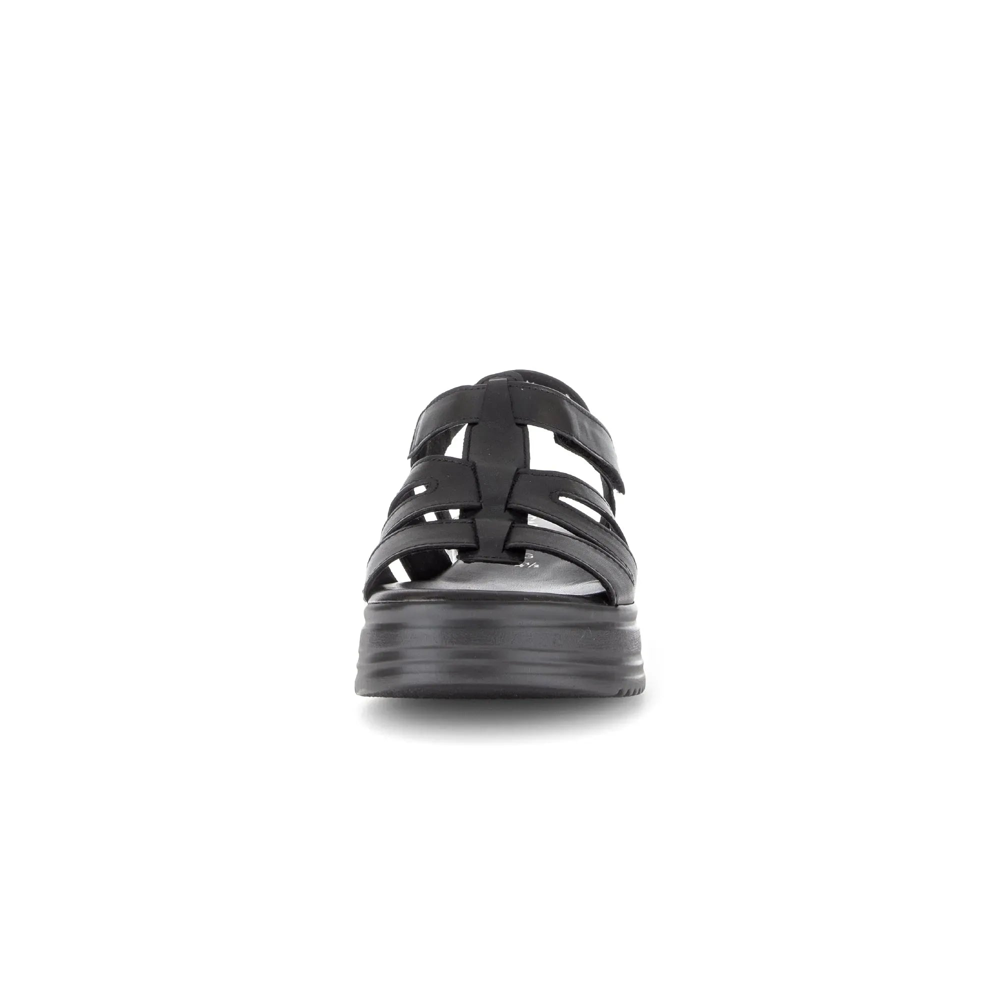 Gabor Abel women's black leather touch fastening sandals with chunky sole, open-toe design, and multiple straps.