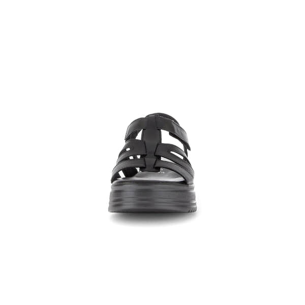 Gabor Abel women's black leather touch fastening sandals with chunky sole, open-toe design, and multiple straps.