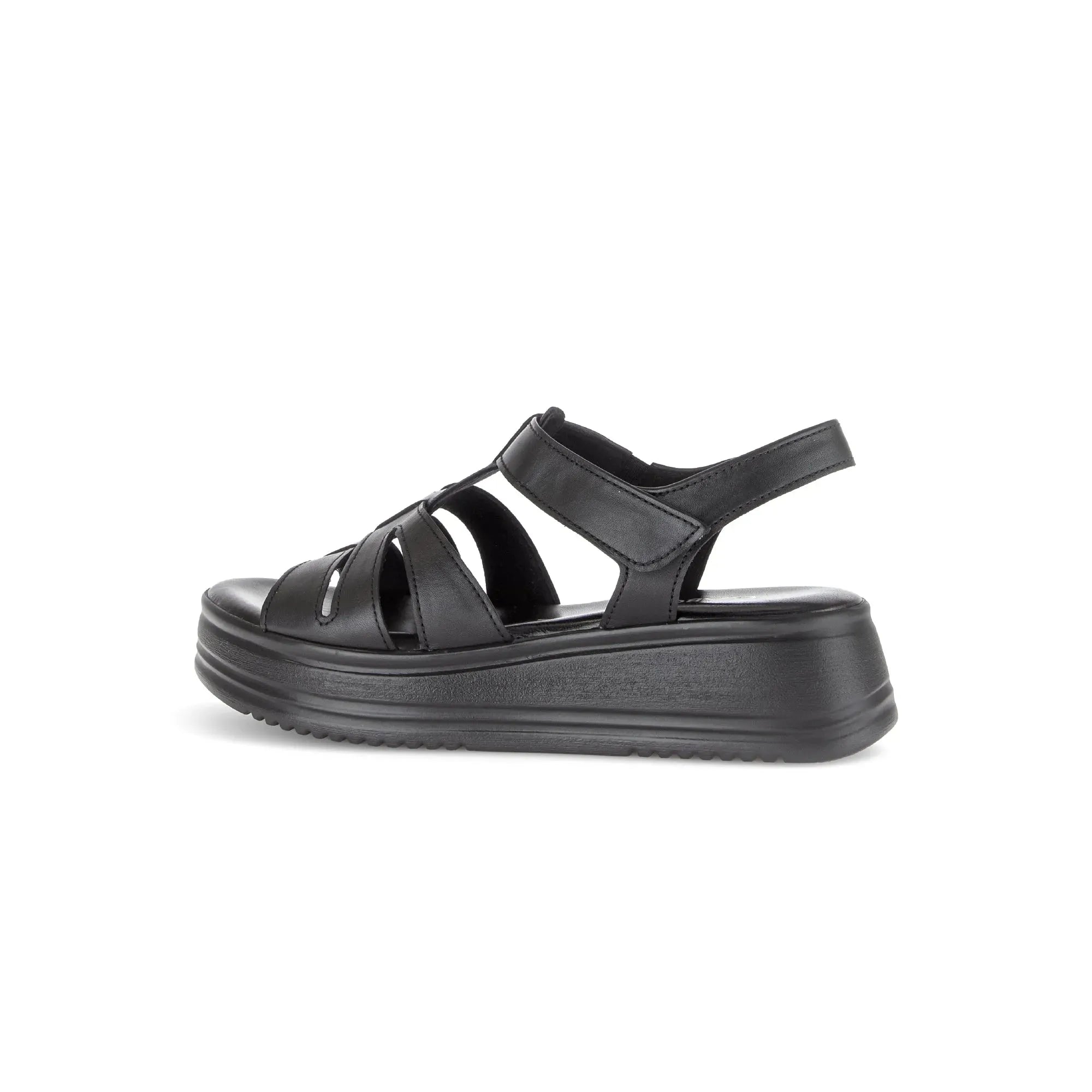 Gabor Abel women's black leather touch-fastening sandals with chunky sole and multiple strap design.