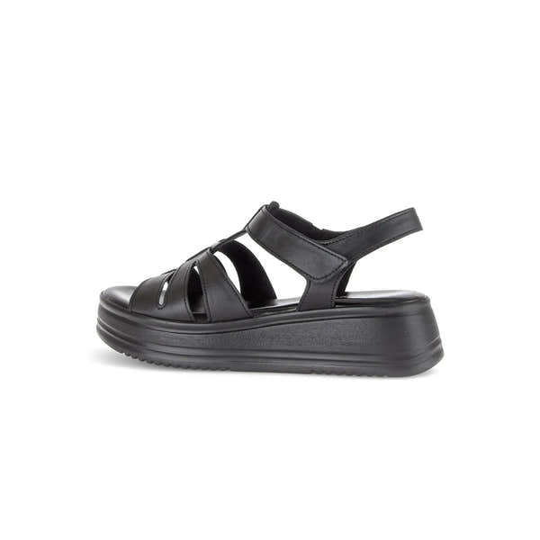 Gabor Abel women's black leather touch-fastening sandals with chunky sole and multiple strap design.