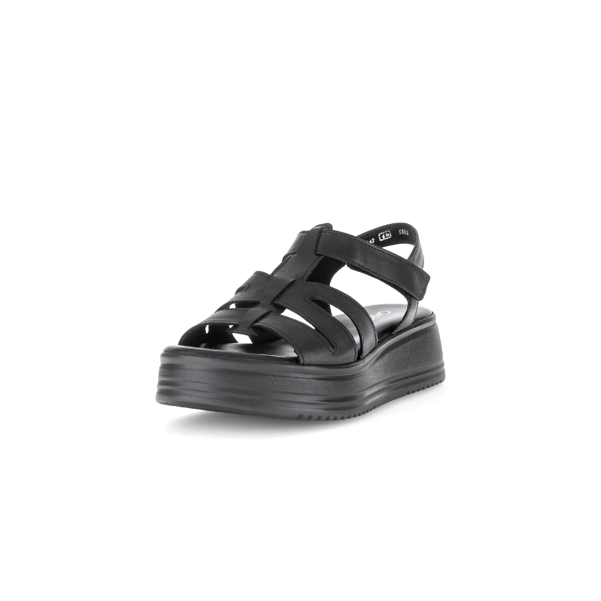 Gabor Ladies Black Leather Touch Fastening Sandals with chunky platform sole and open toe.