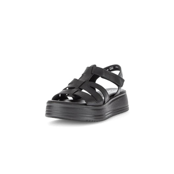 Gabor Ladies Black Leather Touch Fastening Sandals with chunky platform sole and open toe.
