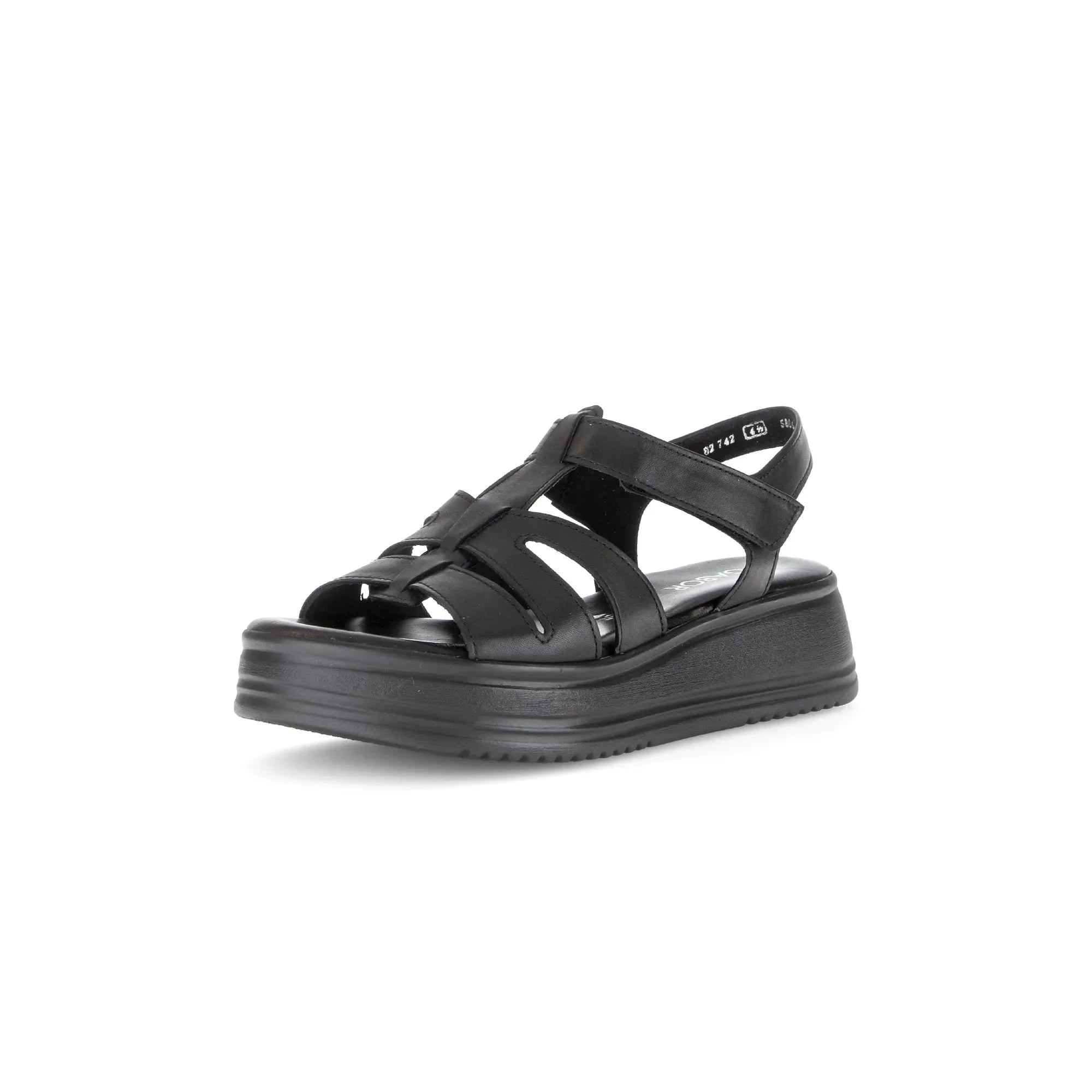Gabor Abel women's black leather touch-fastening sandals with chunky platform sole and strap design.
