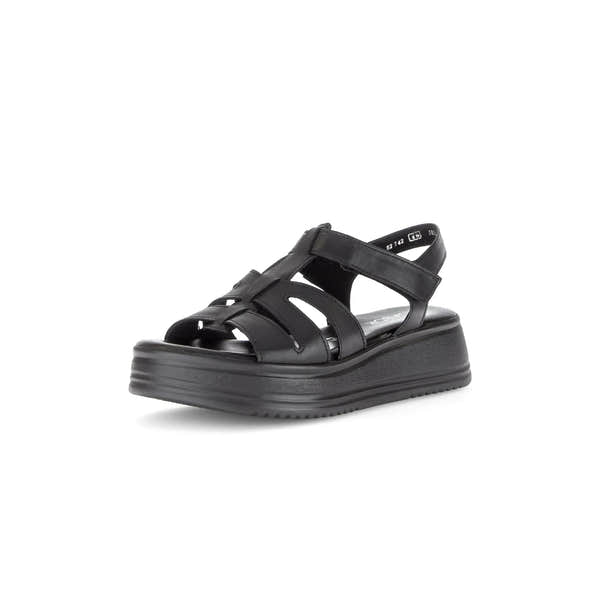 Gabor Abel women's black leather touch-fastening sandals with chunky platform sole and strap design.