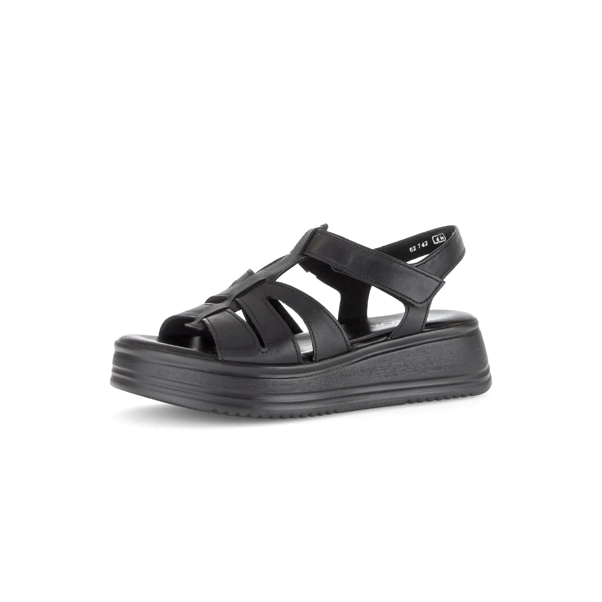 Gabor Abel women's black leather touch-fastening sandals with chunky sole and multiple strap details.