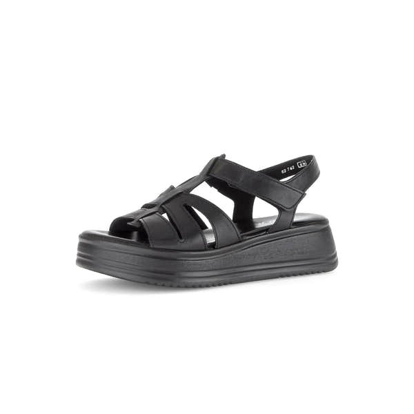 Gabor Abel women's black leather touch-fastening sandals with chunky sole and multiple strap details.