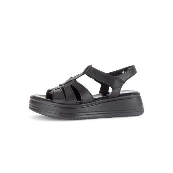 Gabor Abel Ladies Black Leather Touch Fastening Sandals with wedge sole and adjustable strap.