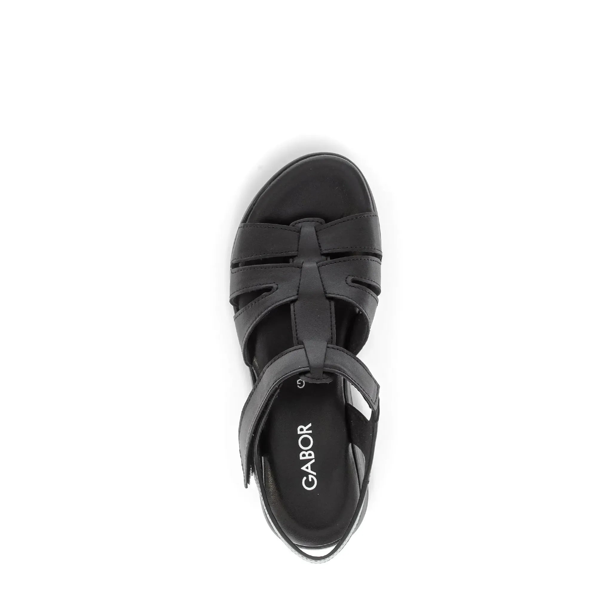 Gabor Ladies Black Leather Touch Fastening Sandals with open-toe design and ankle strap for women.