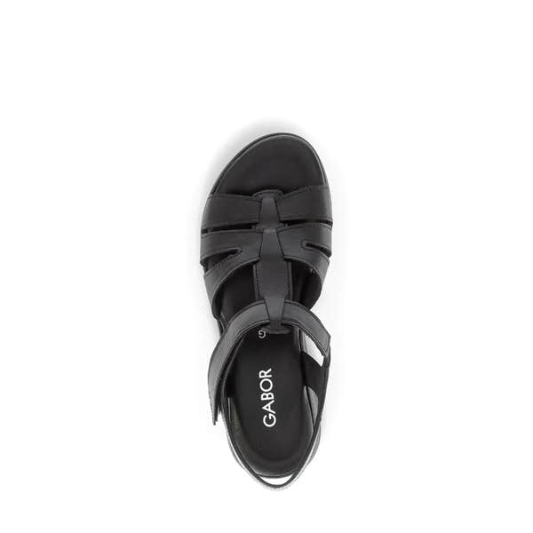 Gabor Ladies Black Leather Touch Fastening Sandals with open-toe design and ankle strap for women.