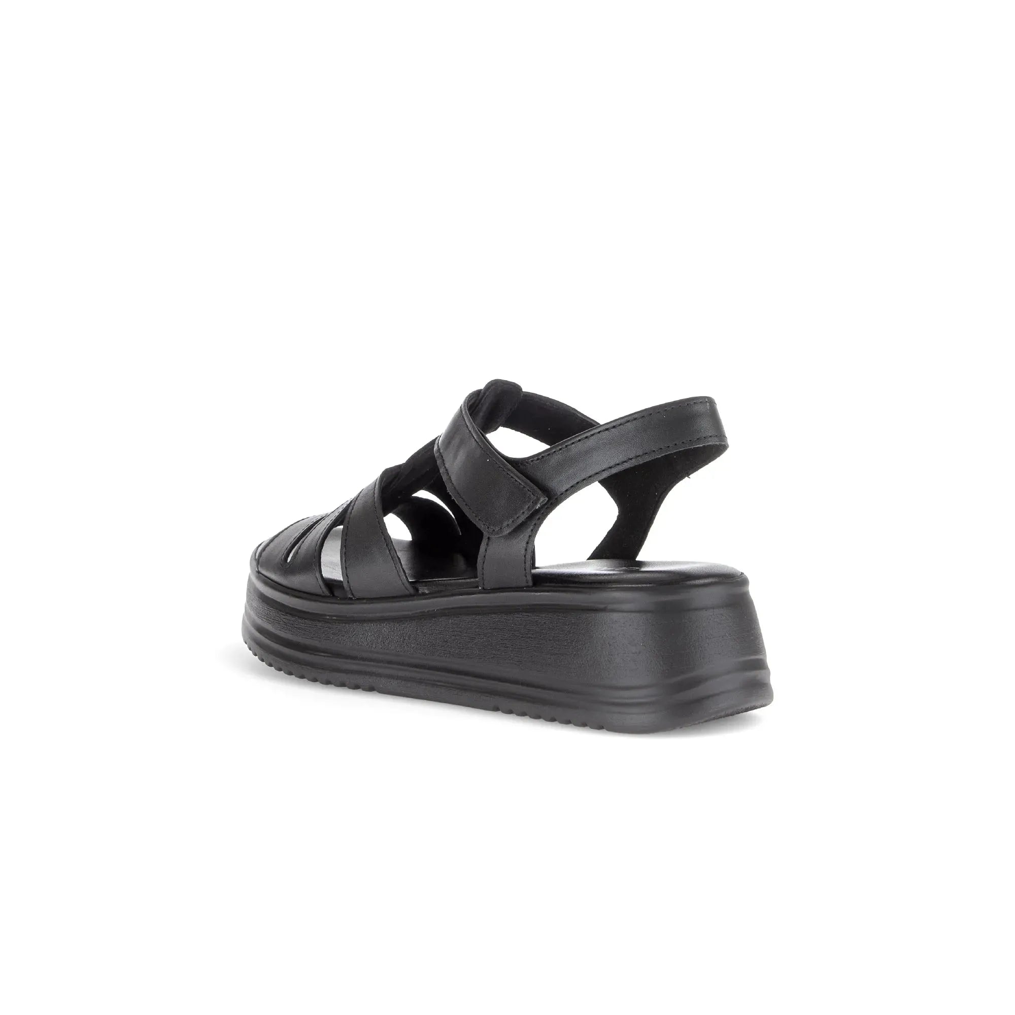 Gabor Abel women's black leather touch fastening platform sandals with open toe and chunky sole.