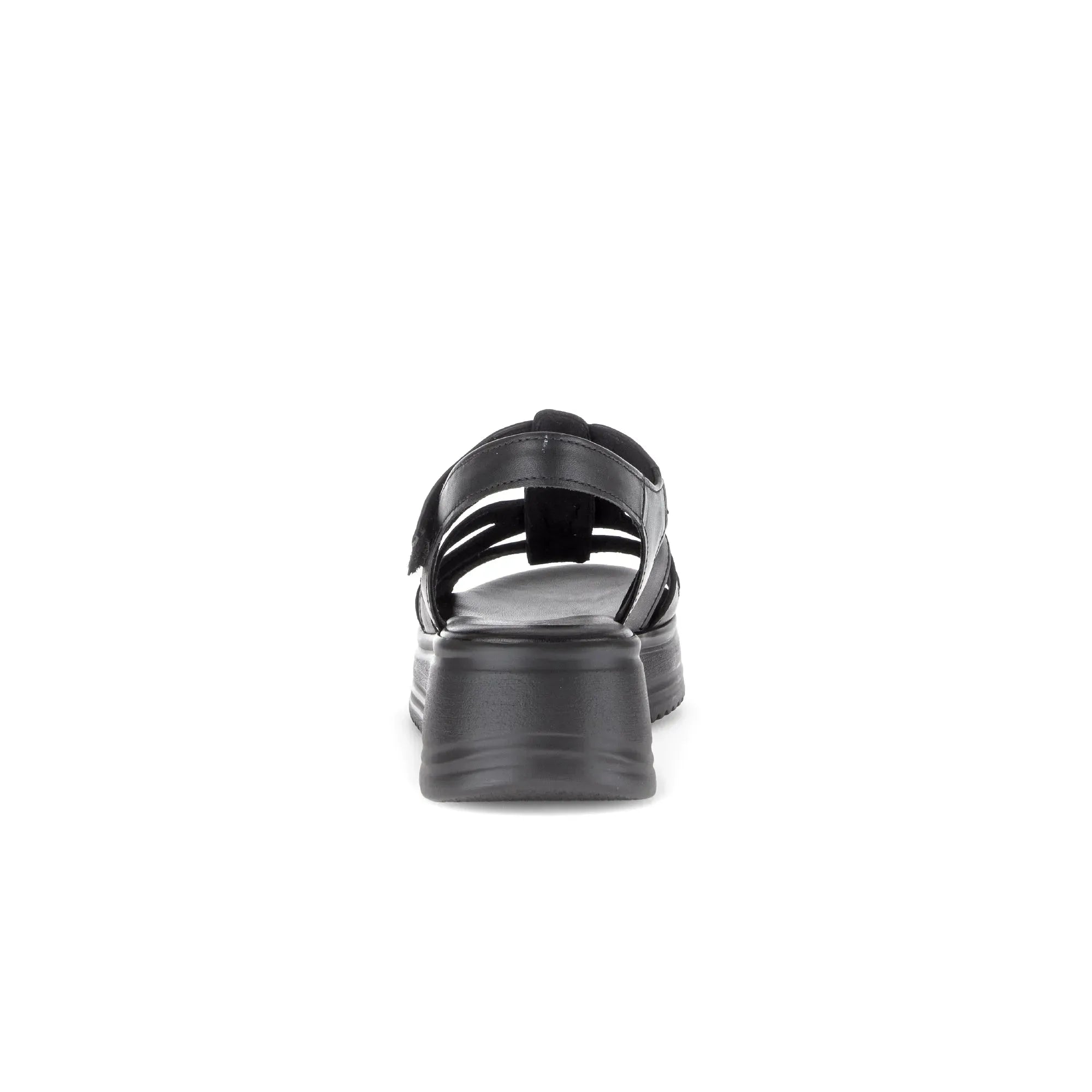Gabor Abel Ladies Black Leather Touch Fastening Sandals with chunky sole, back view.