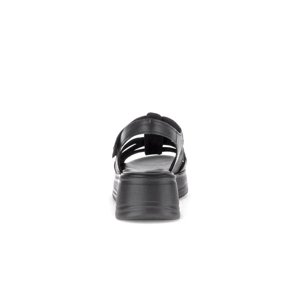 Gabor Abel Ladies Black Leather Touch Fastening Sandals with chunky sole, back view.