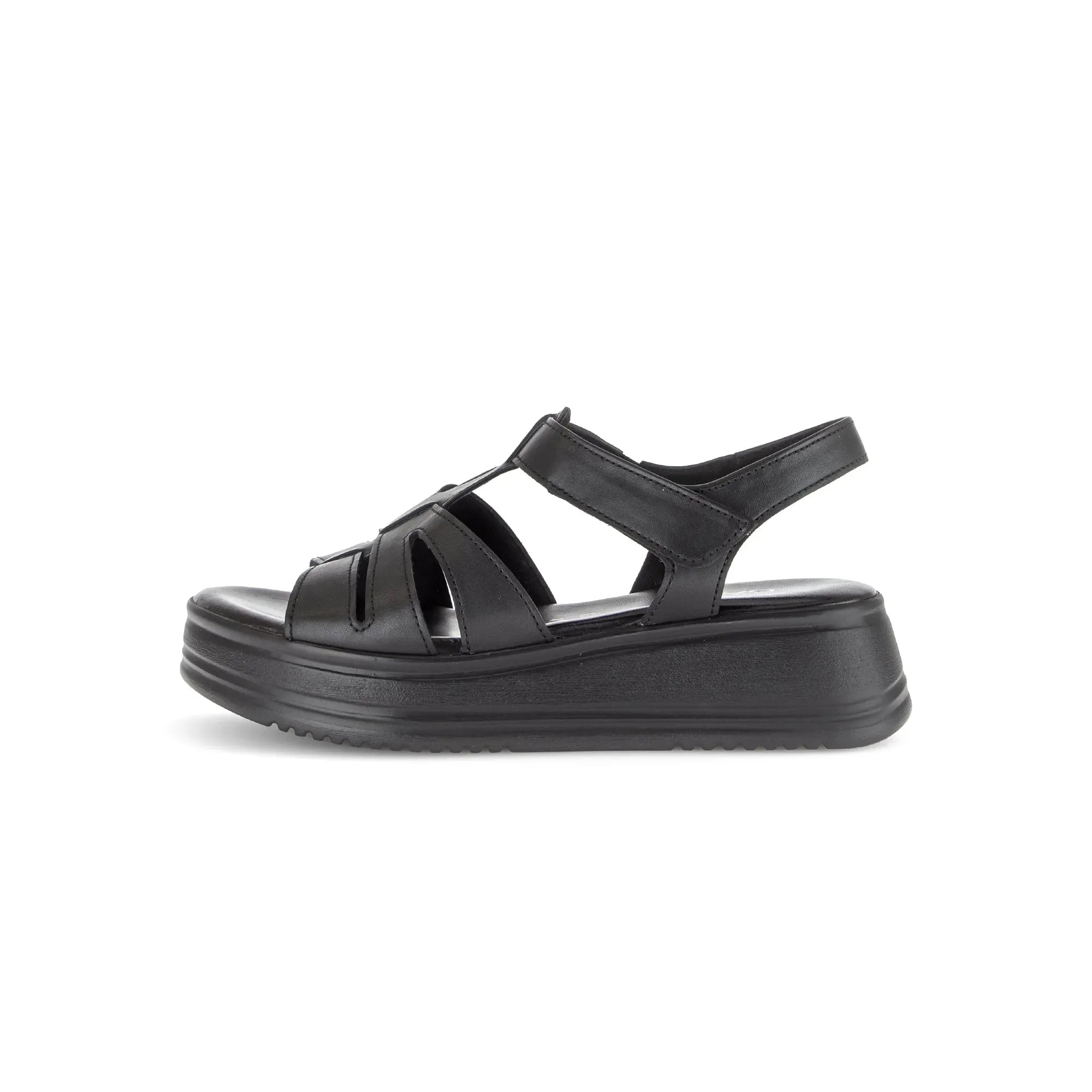 Gabor Abel women's black leather touch fastening sandals with thick platform sole.