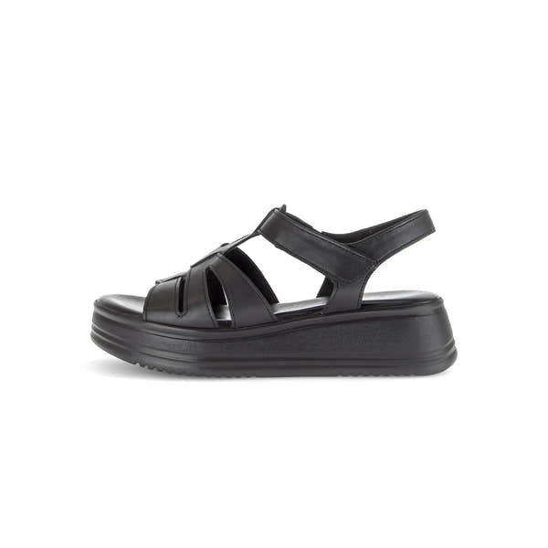 Gabor Abel women's black leather touch fastening sandals with thick platform sole.