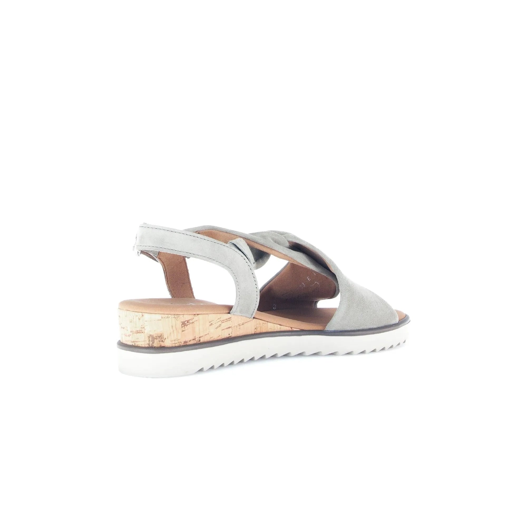 Gabor 82.751.11 grey leather buckle sandals with cork heel and white rubber sole.