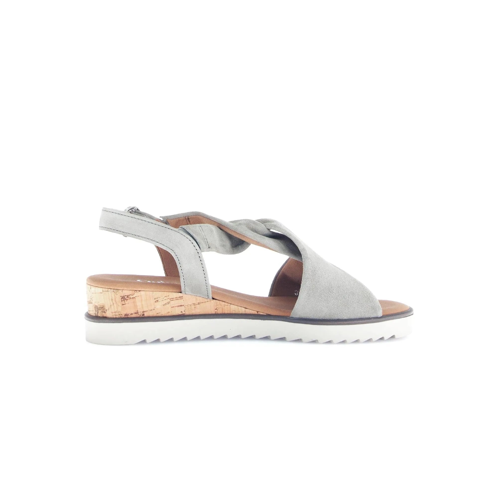 Gabor 82.751.11 grey leather buckle sandals with cork heel and white rubber outsole.