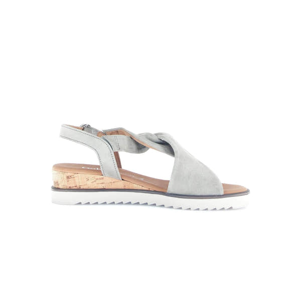 Gabor 82.751.11 women's grey leather buckle sandals with cork wedge heel and white rubber sole.