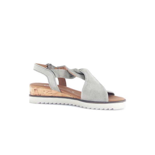 Gabor Rich Ladies Grey Leather Buckle Sandals with cork wedge and white rubber sole.