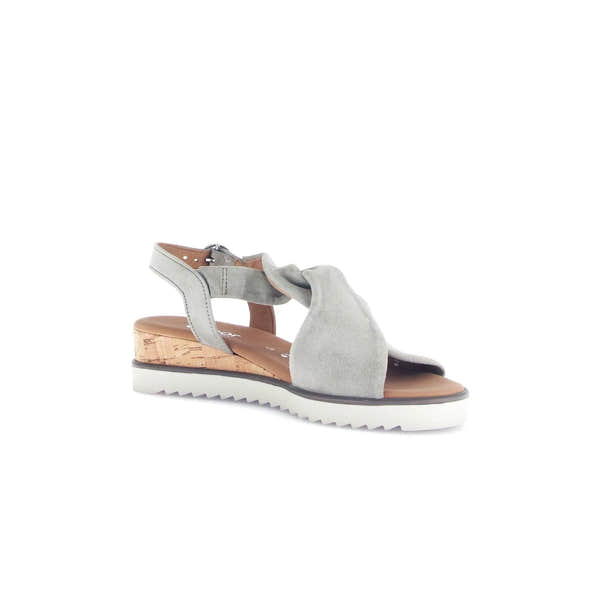 Gabor 82.751.11 women's grey leather buckle sandals with cork heel and white rubber sole.