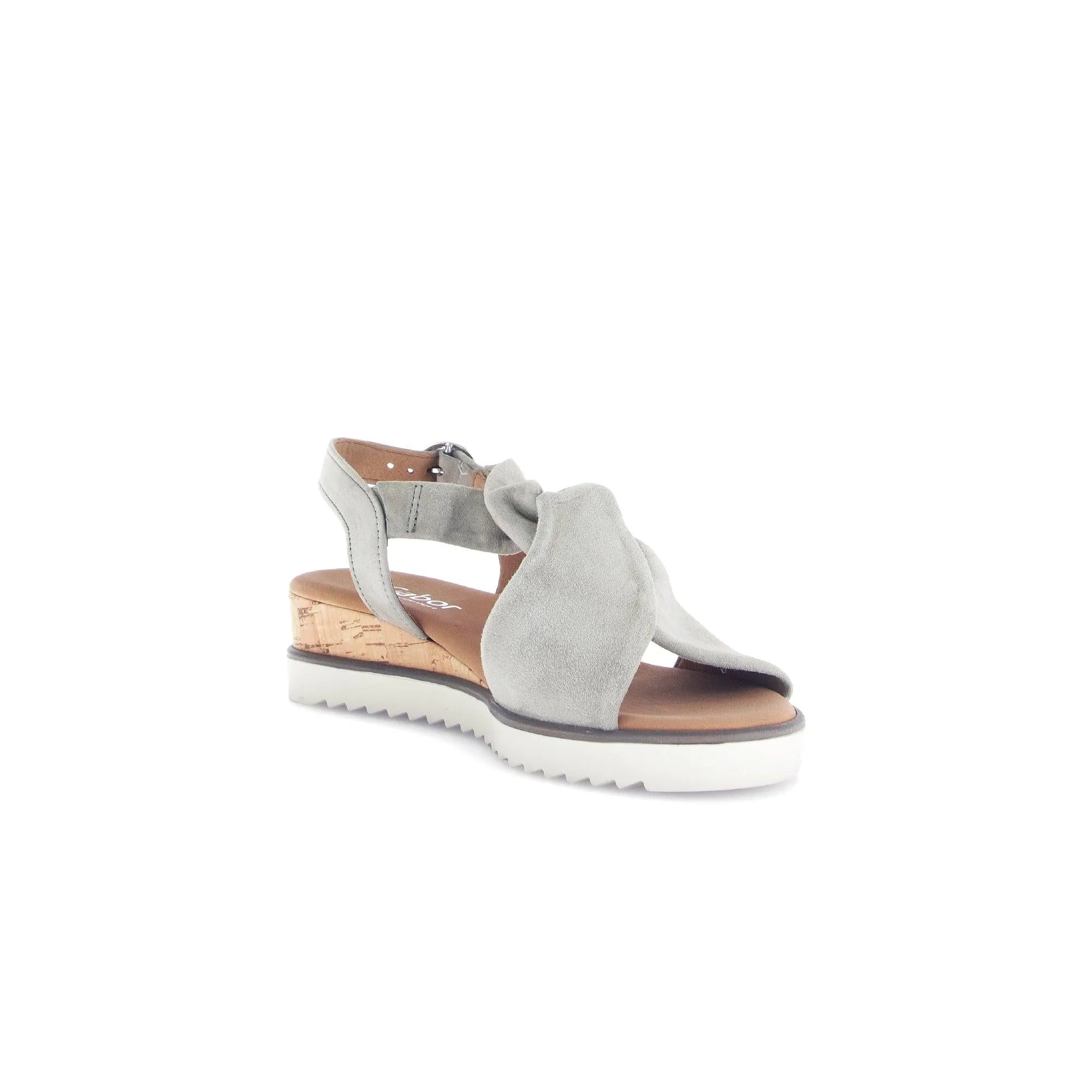 Gabor ladies' grey leather buckle sandals with bow detail, cork heel, and white ridged sole.
