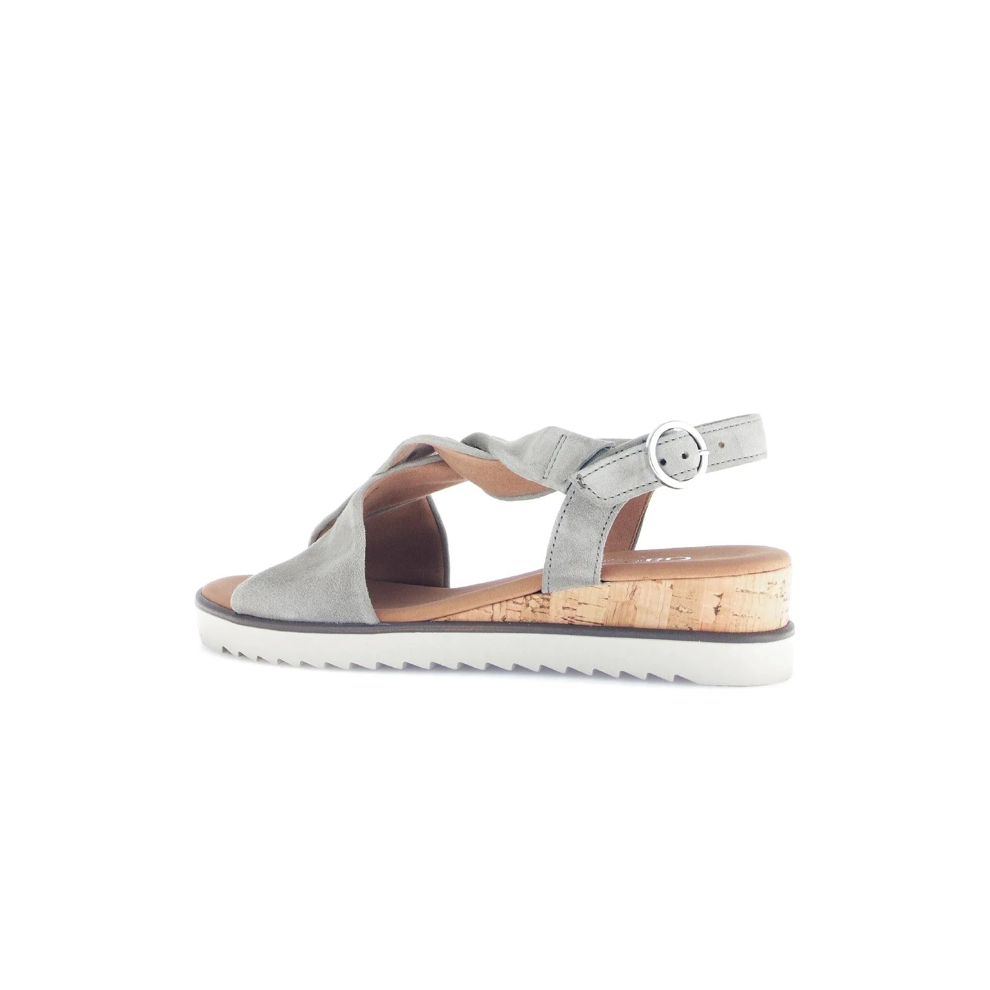 Gabor 82.751.11 women's grey leather buckle sandals with cork wedge and white rubber sole.