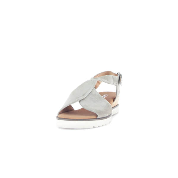 Gabor 82.751.11 grey leather buckle sandals for women with front cross straps and ankle strap, cushioned insole, and white rubber sole.