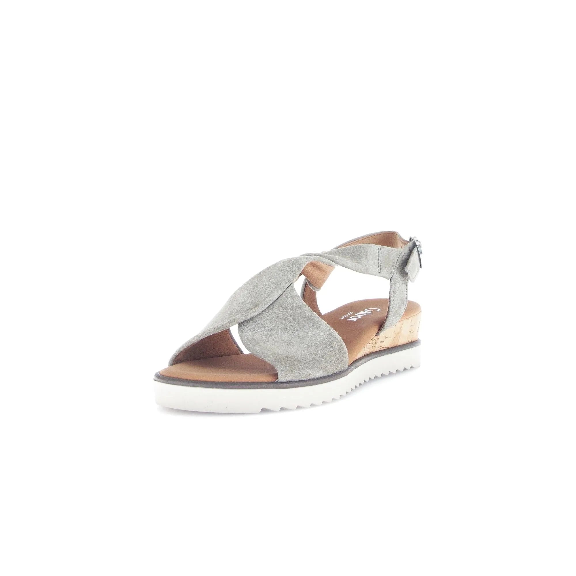 Gabor 82.751.11 grey leather buckle sandal with ankle strap, cork wedge heel, and white rubber sole.