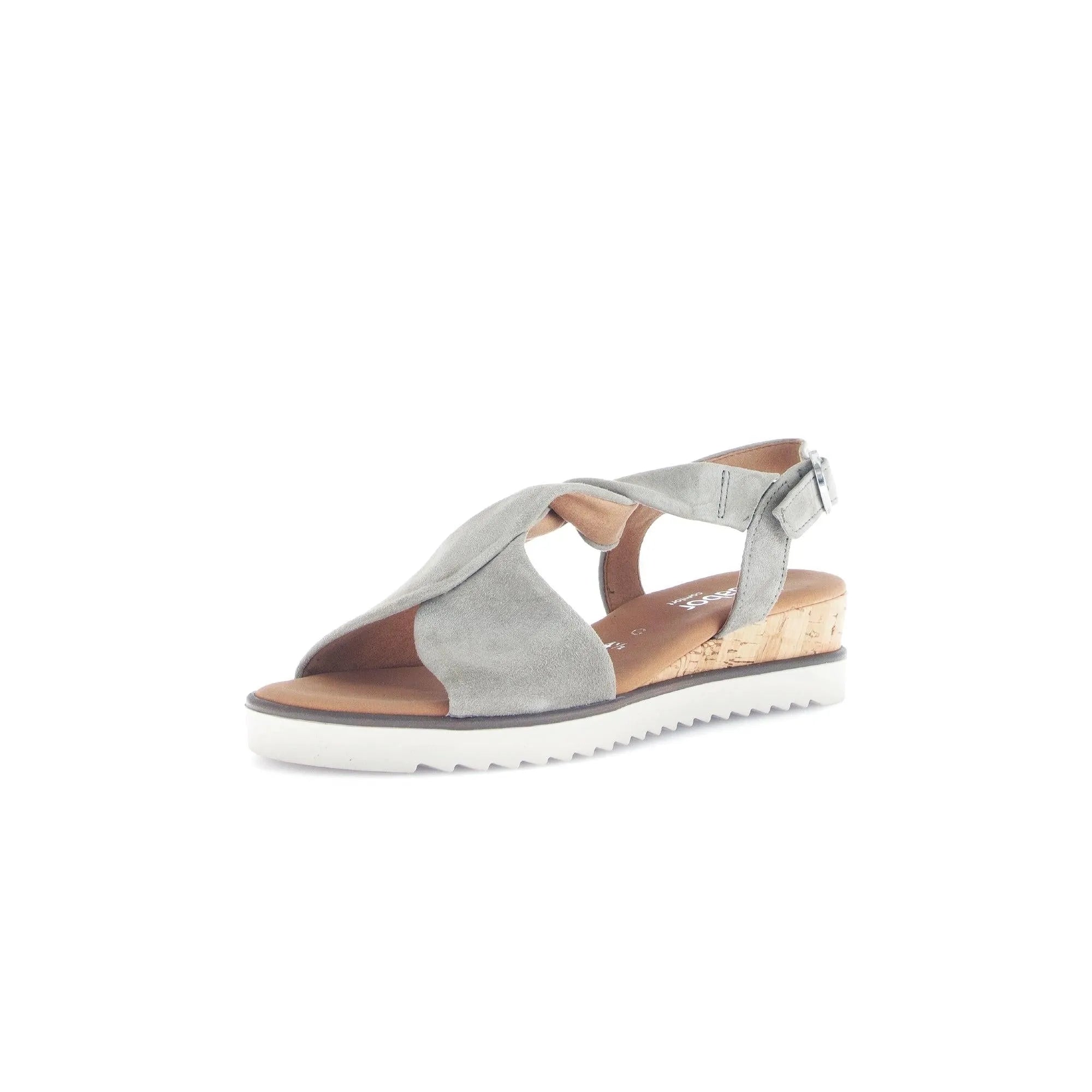 Gabor Rich Ladies Grey Leather Buckle Sandals with cork heel and white sole, open toe design, adjustable ankle strap.