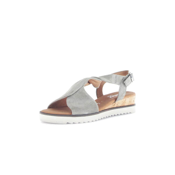 Gabor Rich Ladies Grey Leather Buckle Sandals with cork heel and white sole, open toe design, adjustable ankle strap.