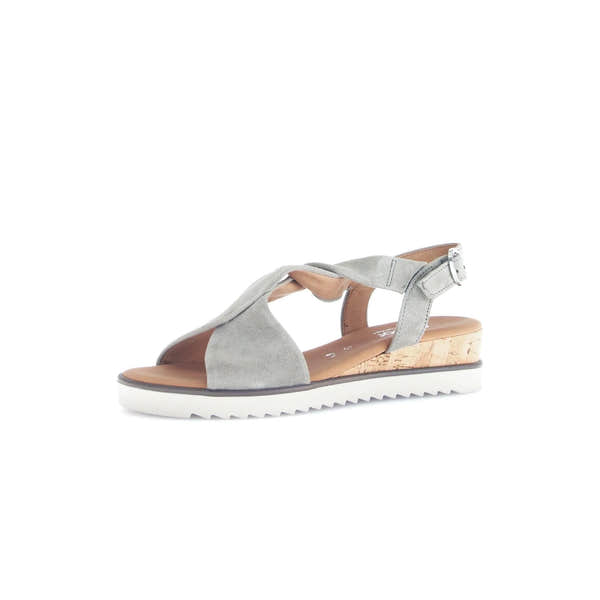Gabor 82.751.11 Grey leather buckle sandals with cork platform and white rubber sole.