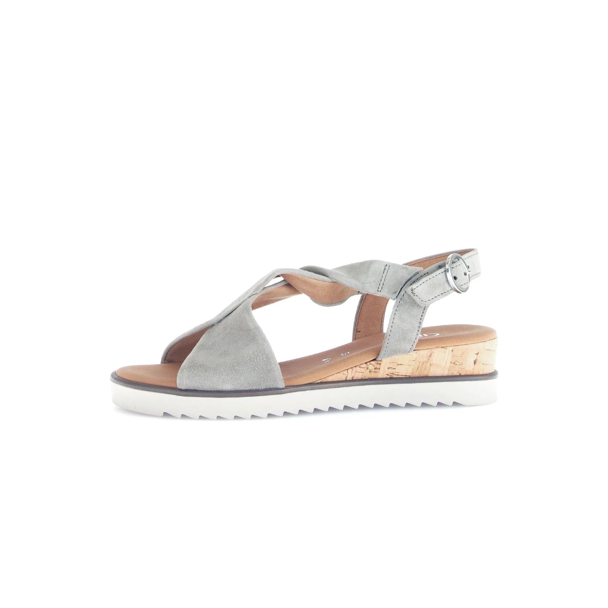 Gabor Rich Ladies Grey Leather Buckle Sandals with cork and white sole, open toe, ankle strap, and casual style.