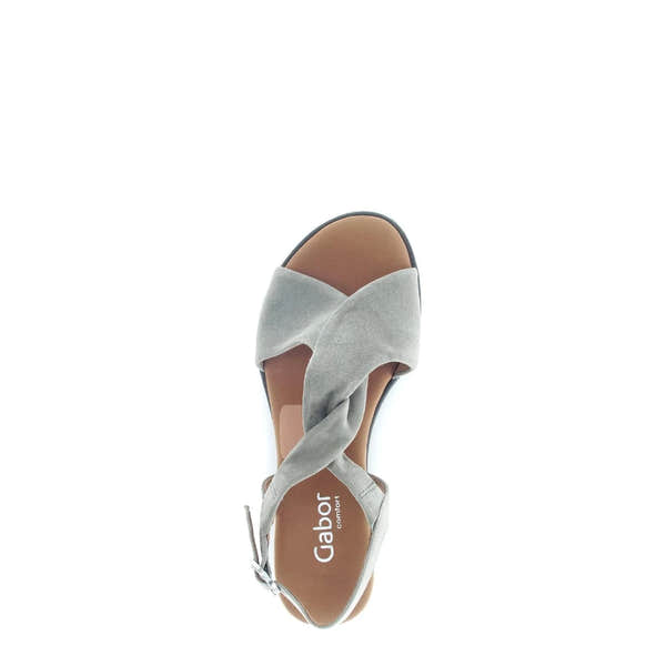Gabor 82.751.11 grey leather buckle sandals with twisted strap design and cushioned insole.