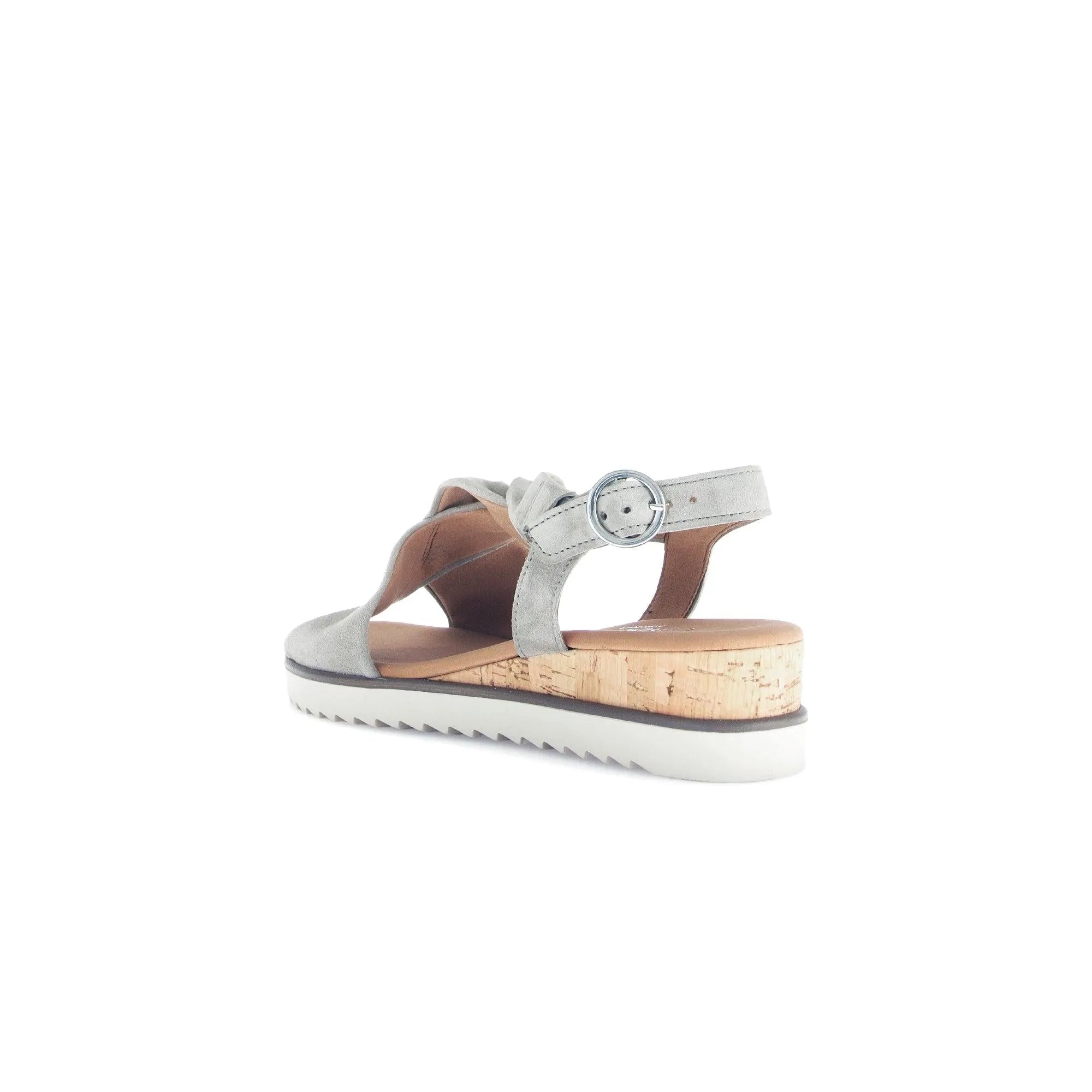 Gabor Rich Ladies Grey Leather Buckle Sandals with cork wedge sole and white rubber bottom.